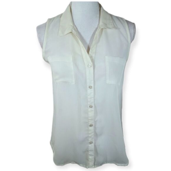 FUN & FLIRT CREAM SHEER SLEEVELESS BLOUSE SZ.M GUC - Picture 1 of 8
